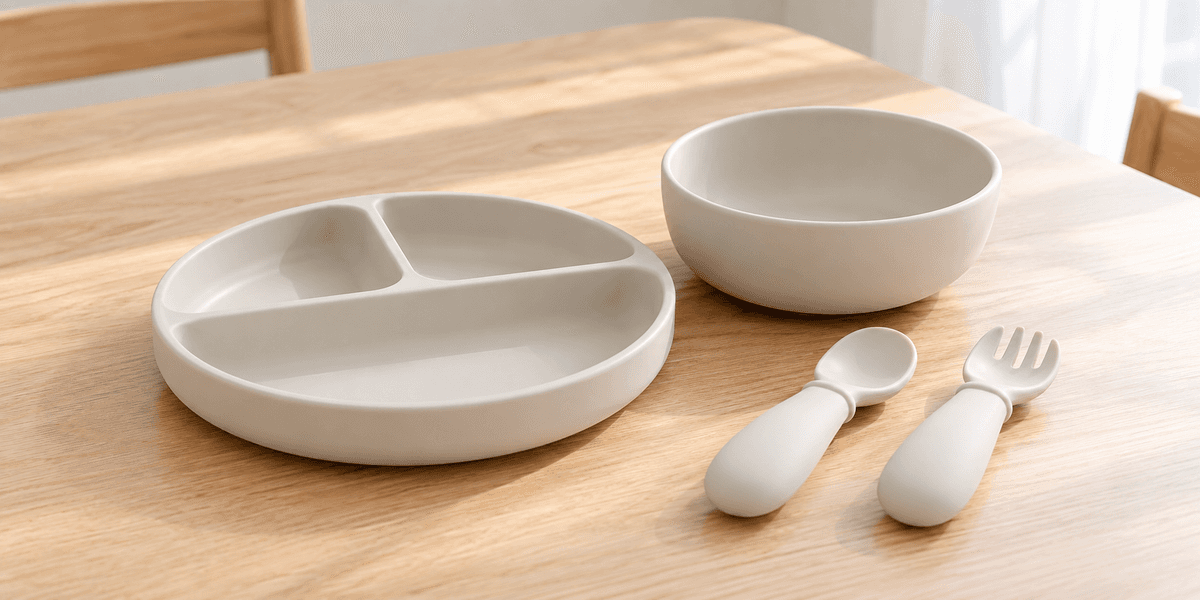 BabyGoo ベビー食器セット プレミアム 4点セット スモーキーホワイト(プレート・ボウル・トレーニングスプーン・フォーク/吸盤付きシリコン)