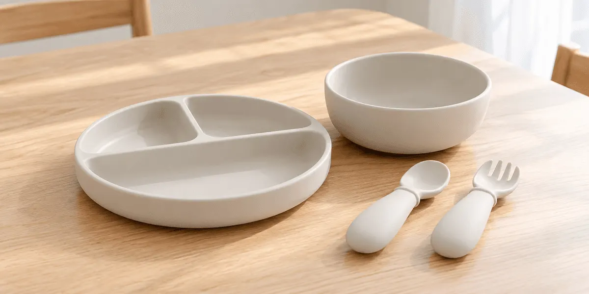 BabyGoo ベビー食器セット プレミアム 4点セット スモーキーホワイト(プレート・ボウル・トレーニングスプーン・フォーク/吸盤付きシリコン) のレビュー画像(評価★4.4)